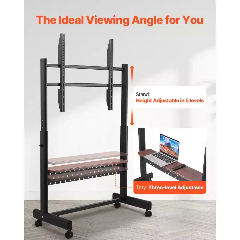 Meuble TV roulant VEVOR, Chariot TV mobile pour écrans de 55 à 100 pouces, Support de moniteur portable réglable en hauteur avec plateau, Supporte jusqu'à 93 kg, Noir