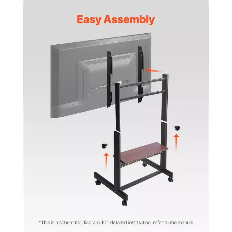 Meuble TV roulant VEVOR, Chariot TV mobile pour écrans de 55 à 100 pouces, Support de moniteur portable réglable en hauteur avec plateau, Supporte jusqu'à 93 kg, Noir