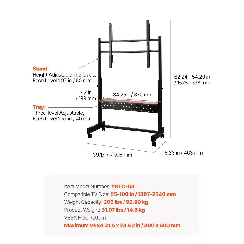 Meuble TV roulant VEVOR, Chariot TV mobile pour écrans de 55 à 100 pouces, Support de moniteur portable réglable en hauteur avec plateau, Supporte jusqu'à 93 kg, Noir