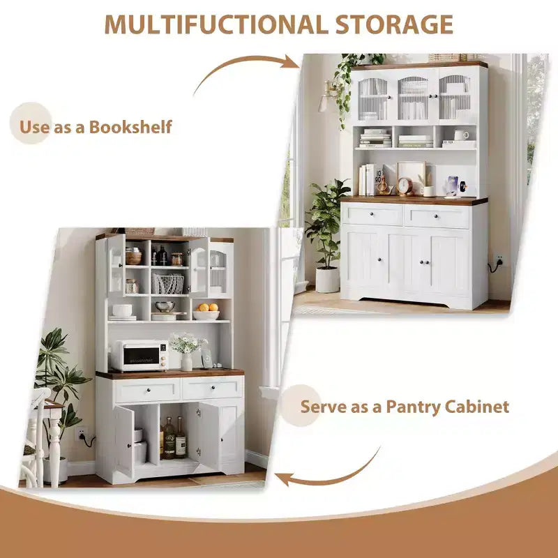 71 armoire de garde-manger avec station de chargement, grande armoire de rangement de cuisine avec support pour micro-ondes, buffet de cuisine de style ferme avec tiroirs de rangement