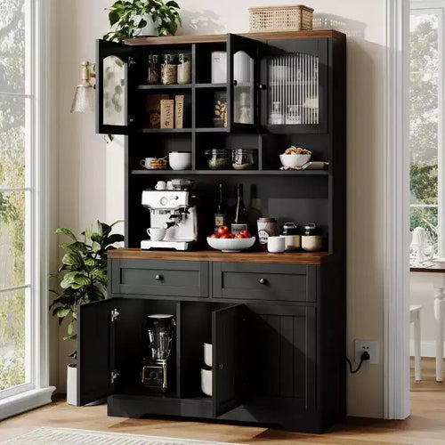 71 armoire de garde-manger avec station de chargement, grande armoire de rangement de cuisine avec support pour micro-ondes, buffet de cuisine de style ferme avec tiroirs de rangement