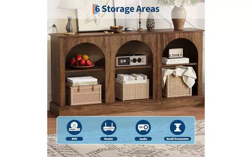 Meuble TV rustique marron arque de 63 po – Meuble console multimédia à 3 niveaux pour téléviseurs jusqu'à 70 po, table console d'entrée