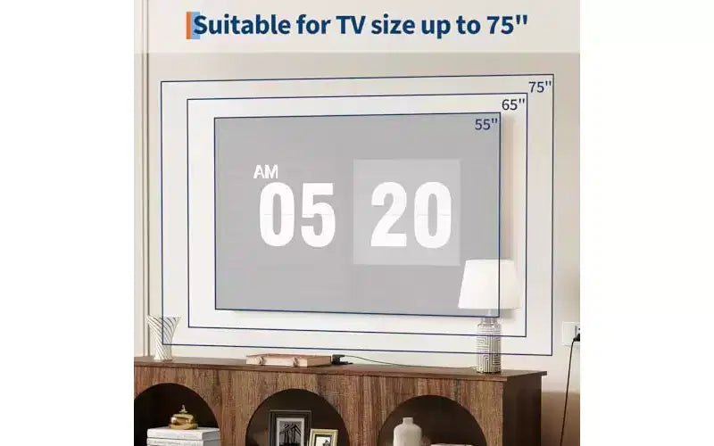 Meuble TV rustique marron arque de 63 po – Meuble console multimédia à 3 niveaux pour téléviseurs jusqu'à 70 po, table console d'entrée
