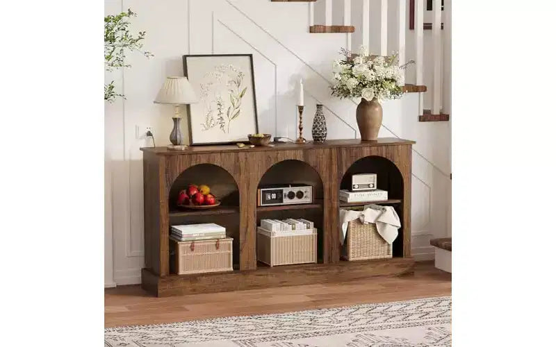 Meuble TV rustique marron arque de 63 po – Meuble console multimédia à 3 niveaux pour téléviseurs jusqu'à 70 po, table console d'entrée