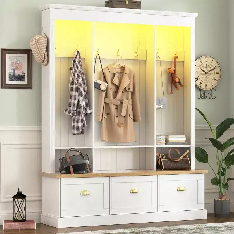 Meuble d'entrée GDFStudio Keith Farmhouse élégant avec banc de rangement et armoires, éclairage LED