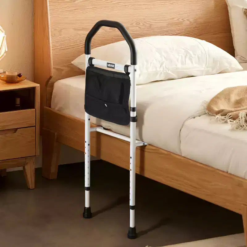 Barre de lit VEVOR pour personnes âgées, barres d'appui de chevet avec pied de support et main courante en PU, canne de chevet en acier au carbone réglable en hauteur, noir + blanc
