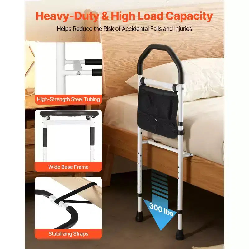 Barre de lit VEVOR pour personnes âgées, barres d'appui de chevet avec pied de support et main courante en PU, canne de chevet en acier au carbone réglable en hauteur, noir + blanc