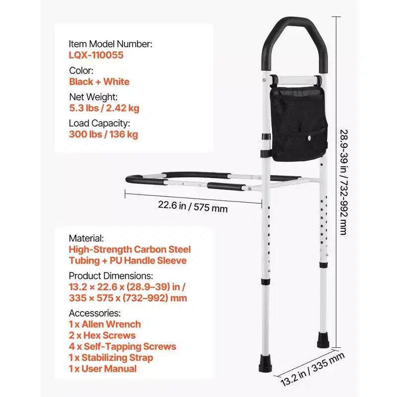 Barre de lit VEVOR pour personnes âgées, barres d'appui de chevet avec pied de support et main courante en PU, canne de chevet en acier au carbone réglable en hauteur, noir + blanc