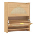 2 Flip Drawers Wood Shoe Storage Cabinet, Shoe Cabinet Freestanding with Rattan Doors & Adjustable Shelves for Entryway, Closet, Hallway