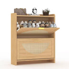 Meuble à chaussures en bois à 2 tiroirs basculants, meuble à chaussures autoportant avec portes en rotin et étagères réglables pour entrée, placard, couloir