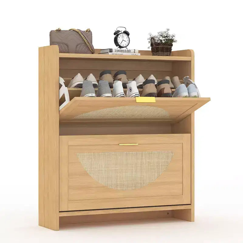 Meuble à chaussures en bois à 2 tiroirs basculants, meuble à chaussures autoportant avec portes en rotin et étagères réglables pour entrée, placard, couloir