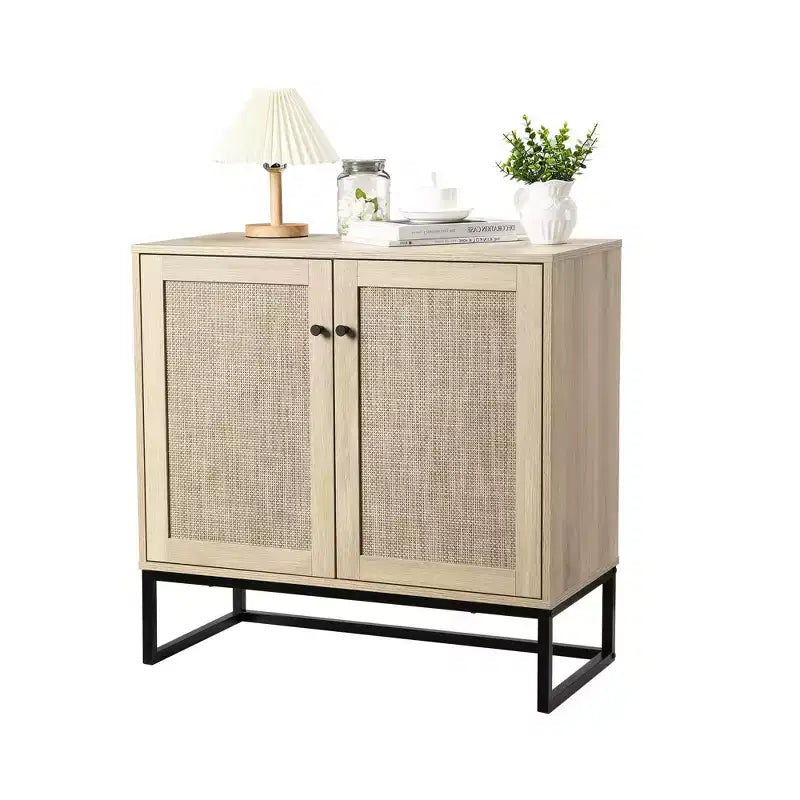 Lot de 2 armoires de rangement, buffet en rotin avec portes décoratives, meuble de cuisine multifonctionnel en chêne clair