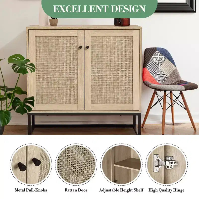 Lot de 2 armoires de rangement, buffet en rotin avec portes décoratives, meuble de cuisine multifonctionnel en chêne clair