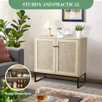 Lot de 2 armoires de rangement, buffet en rotin avec portes décoratives, meuble de cuisine multifonctionnel en chêne clair