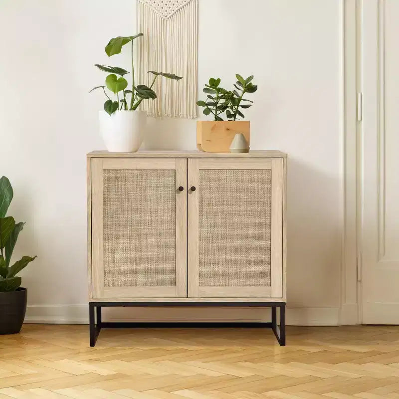 Lot de 2 armoires de rangement, buffet en rotin avec portes décoratives, meuble de cuisine multifonctionnel en chêne clair