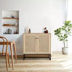 Lot de 2 armoires de rangement, buffet en rotin avec portes décoratives, meuble de cuisine multifonctionnel en chêne clair