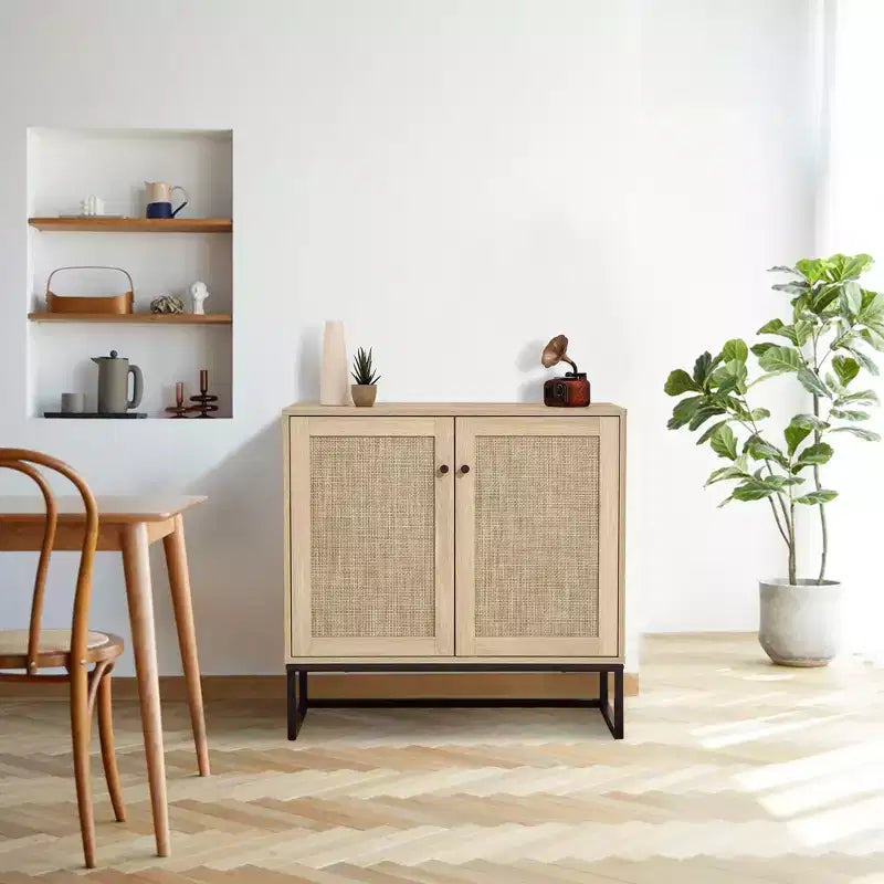 Lot de 2 armoires de rangement, buffet en rotin avec portes décoratives, meuble de cuisine multifonctionnel en chêne clair