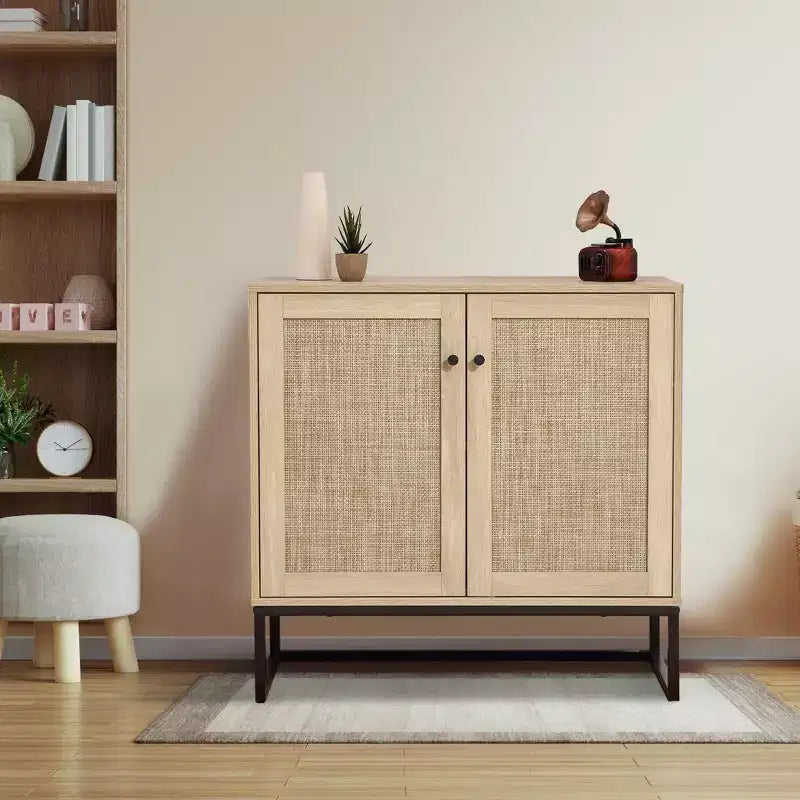 Lot de 2 armoires de rangement, buffet en rotin avec portes décoratives, meuble de cuisine multifonctionnel en chêne clair