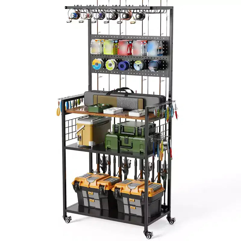 Fishing Rod Holders for Garage, Rolling Fishing Pole Organizer Cart with Pegboard, Fishing Gear Storage Stand Hold up to 12 Rods, Reels, Tackle Boxes