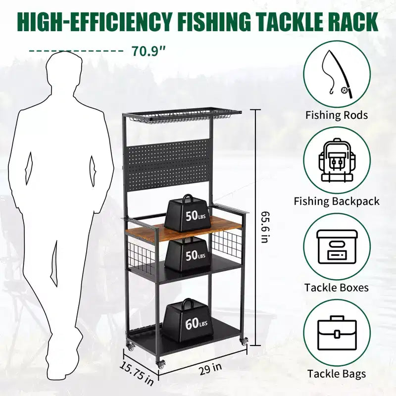 Porte-cannes à pêche pour garage, chariot de rangement roulant pour cannes à pêche avec panneau perforé, support de rangement pour équipement de pêche pouvant contenir jusqu'à 12 cannes, moulinets, boîtes de pêche