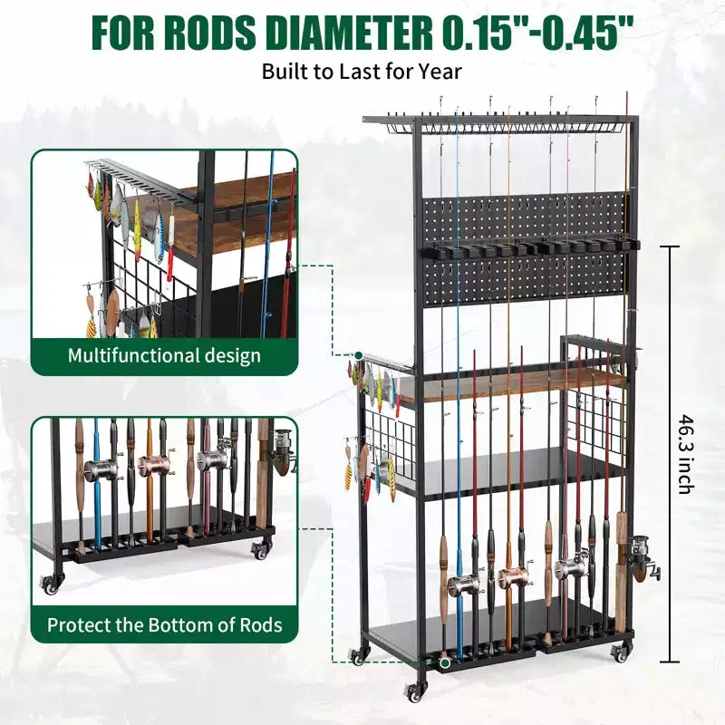 Porte-cannes à pêche pour garage, chariot de rangement roulant pour cannes à pêche avec panneau perforé, support de rangement pour équipement de pêche pouvant contenir jusqu'à 12 cannes, moulinets, boîtes de pêche