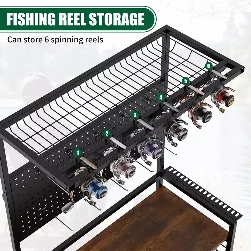Porte-cannes à pêche pour garage, chariot de rangement roulant pour cannes à pêche avec panneau perforé, support de rangement pour équipement de pêche pouvant contenir jusqu'à 12 cannes, moulinets, boîtes de pêche