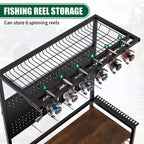 Porte-cannes à pêche pour garage, chariot de rangement roulant pour cannes à pêche avec panneau perforé, support de rangement pour équipement de pêche pouvant contenir jusqu'à 12 cannes, moulinets, boîtes de pêche