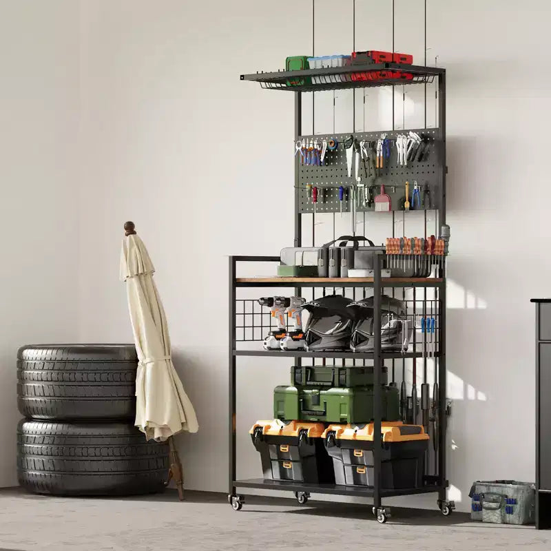 Porte-cannes à pêche pour garage, chariot de rangement roulant pour cannes à pêche avec panneau perforé, support de rangement pour équipement de pêche pouvant contenir jusqu'à 12 cannes, moulinets, boîtes de pêche