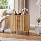 Dresser, 3 Drawer Natural Wooden Chest of Drawers, Fluted Modern Nightstand with Deep Drawers