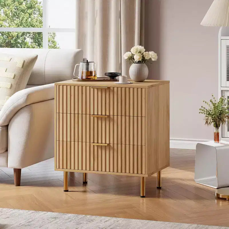 Dresser, 3 Drawer Natural Wooden Chest of Drawers, Fluted Modern Nightstand with Deep Drawers
