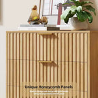 Commode, commode en bois naturel à 3 tiroirs, table de chevet moderne cannelée avec tiroirs profonds