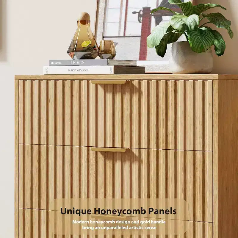 Commode, commode en bois naturel à 3 tiroirs, table de chevet moderne cannelée avec tiroirs profonds
