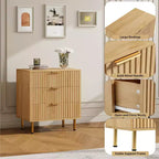 Commode, commode en bois naturel à 3 tiroirs, table de chevet moderne cannelée avec tiroirs profonds