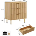 Commode, commode en bois naturel à 3 tiroirs, table de chevet moderne cannelée avec tiroirs profonds
