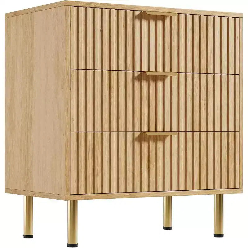 Commode, commode en bois naturel à 3 tiroirs, table de chevet moderne cannelée avec tiroirs profonds