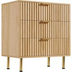 Commode, commode en bois naturel à 3 tiroirs, table de chevet moderne cannelée avec tiroirs profonds