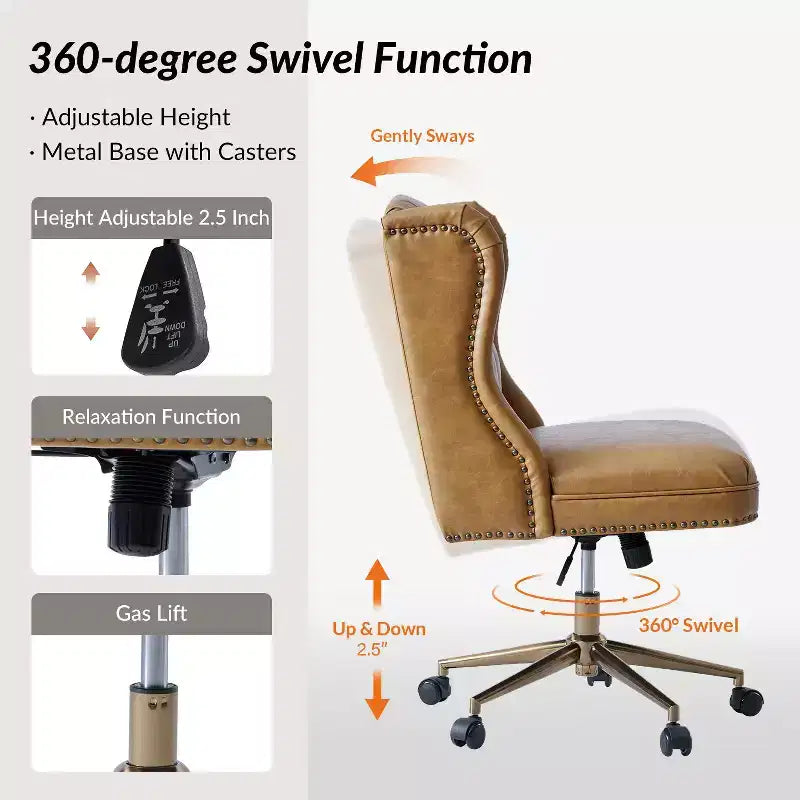 Chaise de bureau Hazel traditionnelle en similicuir avec accoudoirs et dossier à oreilles, capitonnée | ARTFUL LIVING DESIGNS-CAMEL