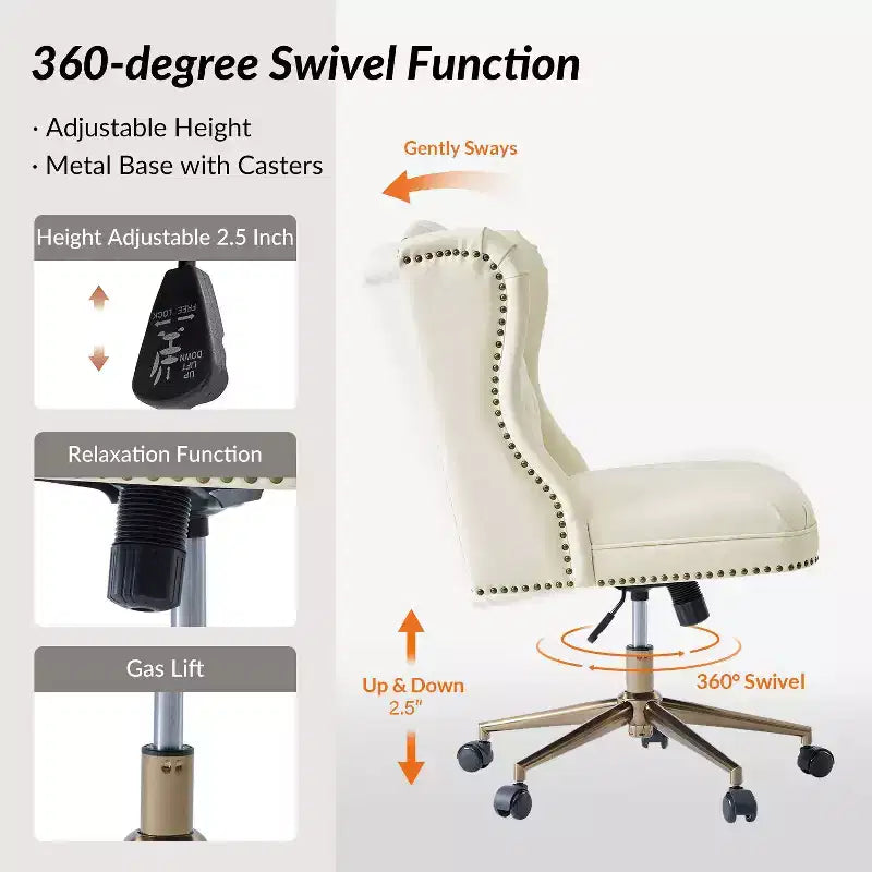 Chaise de bureau Hazel traditionnelle en similicuir avec accoudoirs et dossier à oreilles, capitonnée | ARTFUL LIVING DESIGNS-CAMEL
