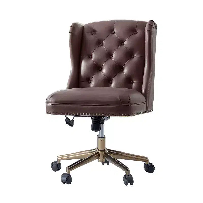 Chaise de bureau Hazel traditionnelle en similicuir avec accoudoirs et dossier à oreilles, capitonnée | ARTFUL LIVING DESIGNS-CAMEL