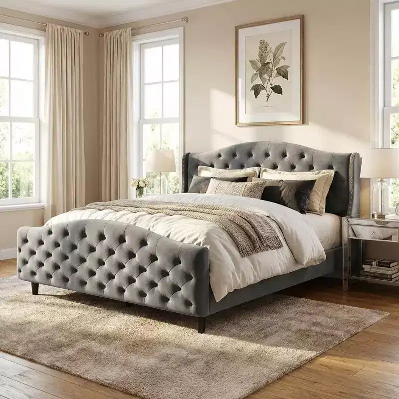 Lit plateforme capitonné Queen Size avec tête de lit surélevée à oreilles, support de matelas et lattes en bois, aucun sommier tapissier requis, gris