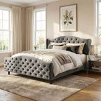 Lit plateforme capitonné Queen Size avec tête de lit surélevée à oreilles, support de matelas et lattes en bois, aucun sommier tapissier requis, gris