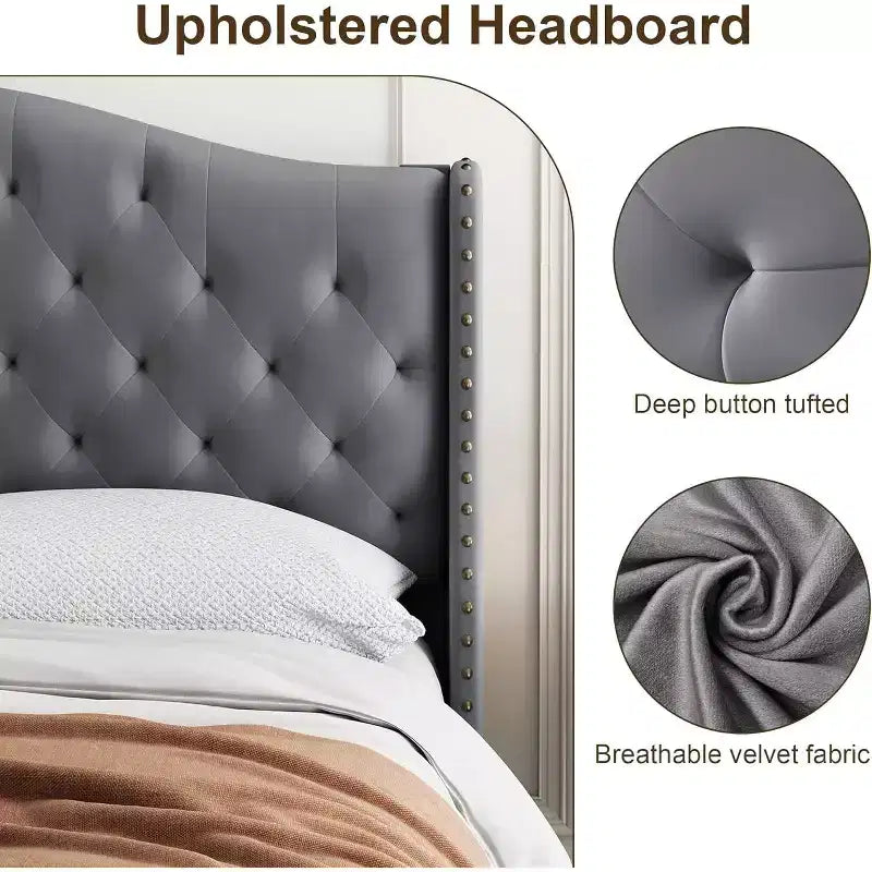 Lit plateforme capitonné Queen Size avec tête de lit surélevée à oreilles, support de matelas et lattes en bois, aucun sommier tapissier requis, gris