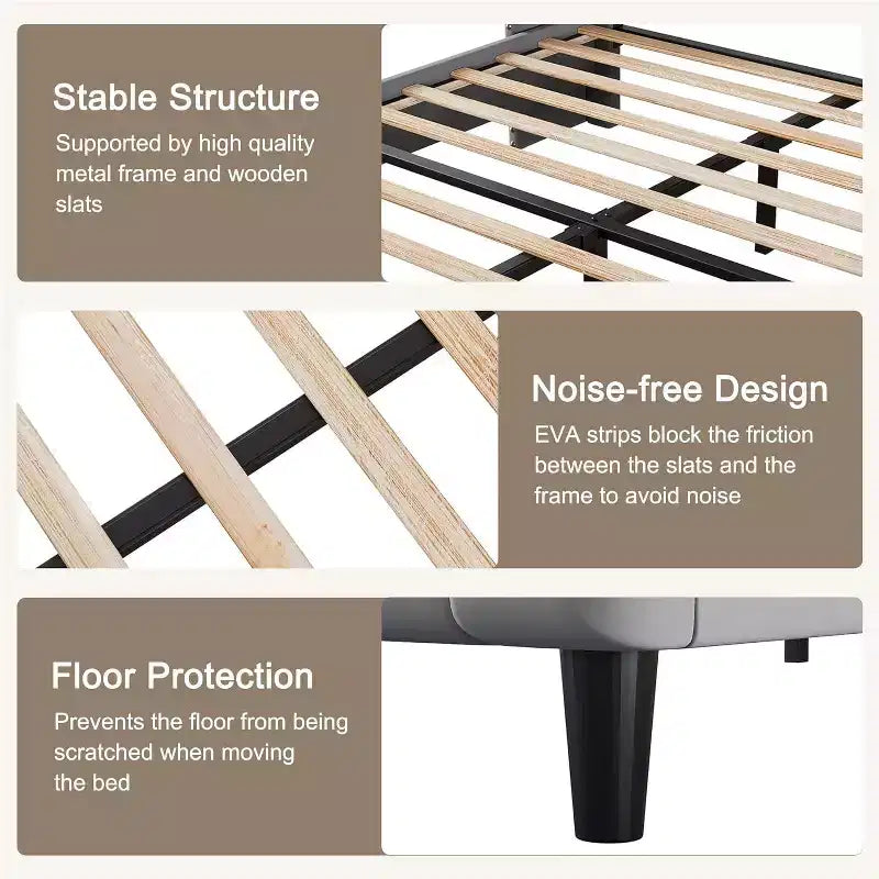 Lit plateforme capitonné Queen Size avec tête de lit surélevée à oreilles, support de matelas et lattes en bois, aucun sommier tapissier requis, gris