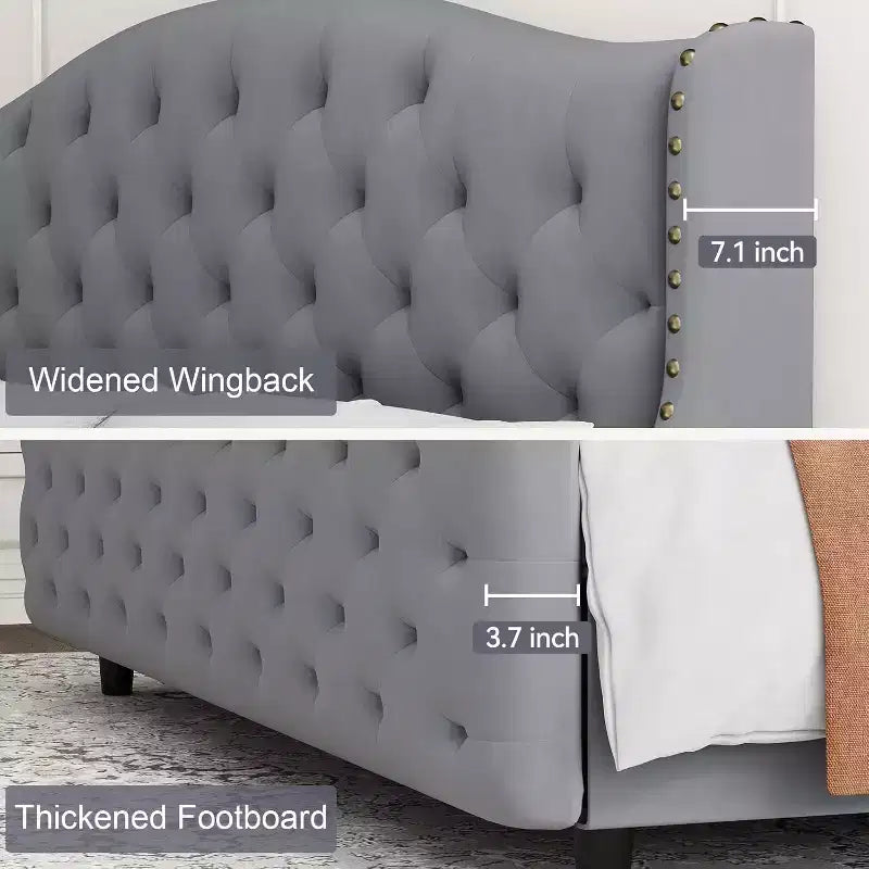 Lit plateforme capitonné Queen Size avec tête de lit surélevée à oreilles, support de matelas et lattes en bois, aucun sommier tapissier requis, gris