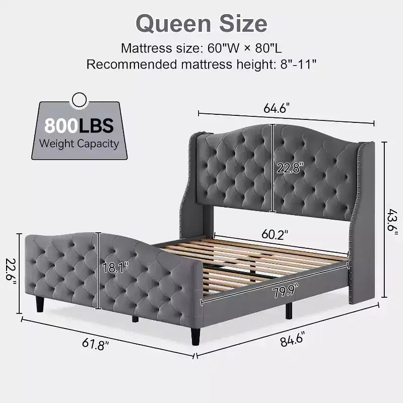 Lit plateforme capitonné Queen Size avec tête de lit surélevée à oreilles, support de matelas et lattes en bois, aucun sommier tapissier requis, gris