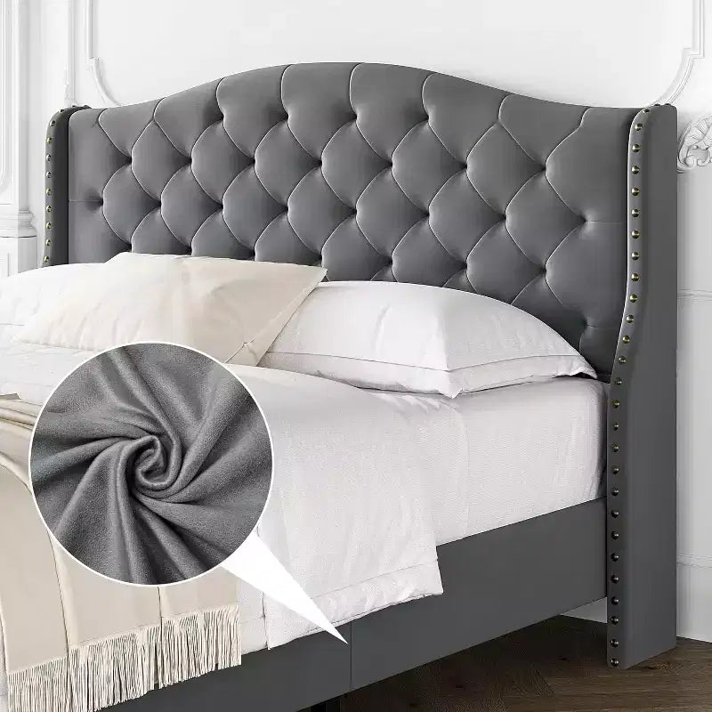 Lit plateforme capitonné Queen Size avec tête de lit surélevée à oreilles, support de matelas et lattes en bois, aucun sommier tapissier requis, gris