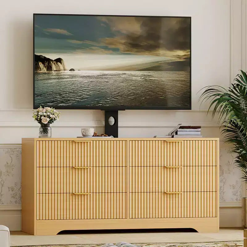 Meuble TV en bois avec support, centre de divertissement avec 6 tiroirs en tissu, console média d'angle pour téléviseurs de 32 à 85 pouces
