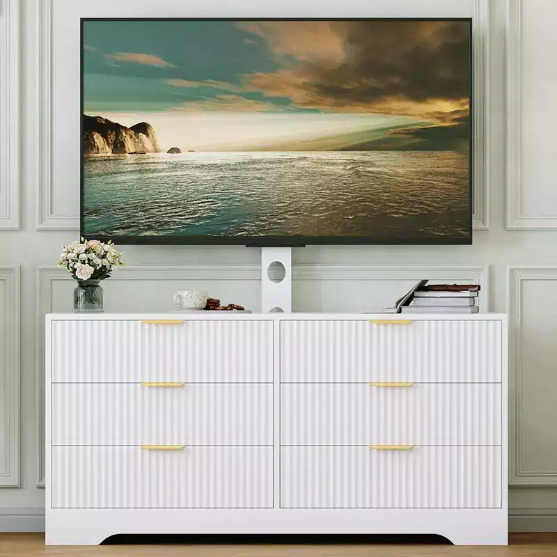 Meuble TV en bois avec support, centre de divertissement avec 6 tiroirs en tissu, console média d'angle pour téléviseurs de 32 à 85 pouces