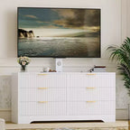 Meuble TV en bois avec support, centre de divertissement avec 6 tiroirs en tissu, console média d'angle pour téléviseurs de 32 à 85 pouces