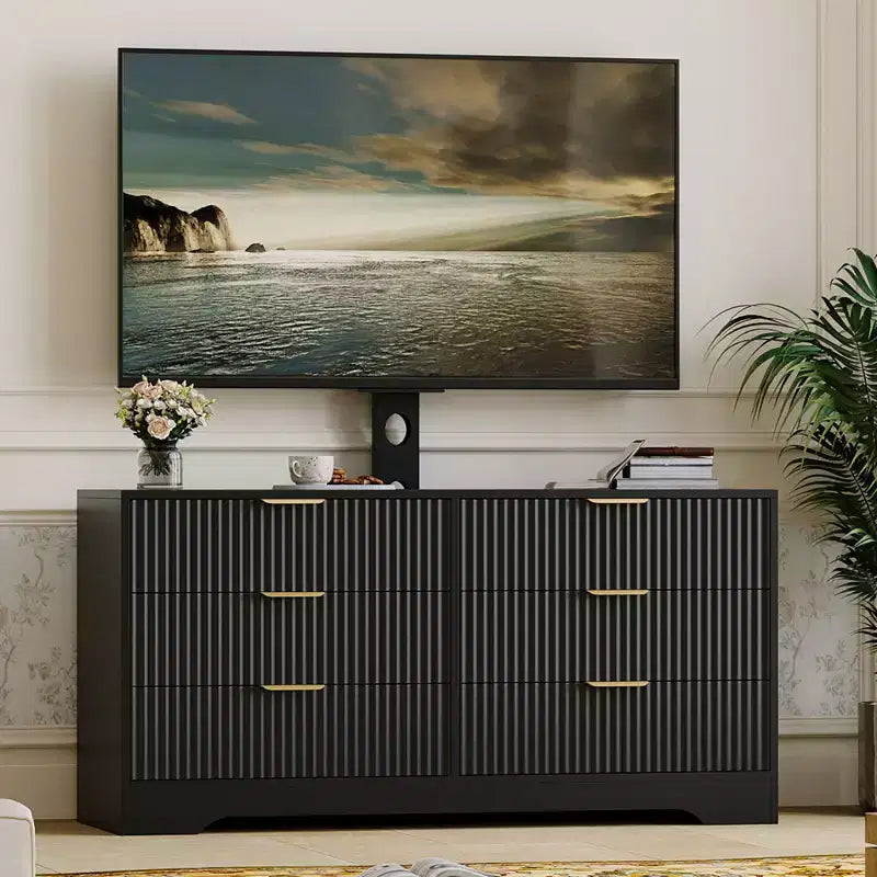 Meuble TV en bois avec support, centre de divertissement avec 6 tiroirs en tissu, console média d'angle pour téléviseurs de 32 à 85 pouces